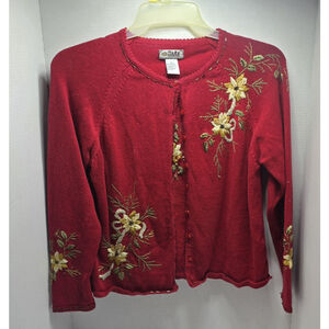 Vintage Tiara International Red Embroidered Womens Cardigan Sweater Size L